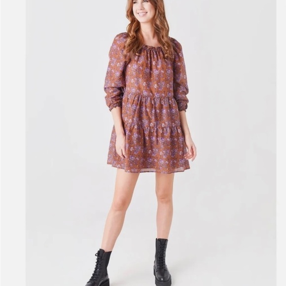 Xirena Lea Dress Golden Clover Cotton Silk Voile XS Brown Floral Mini Tiered - Picture 1 of 7